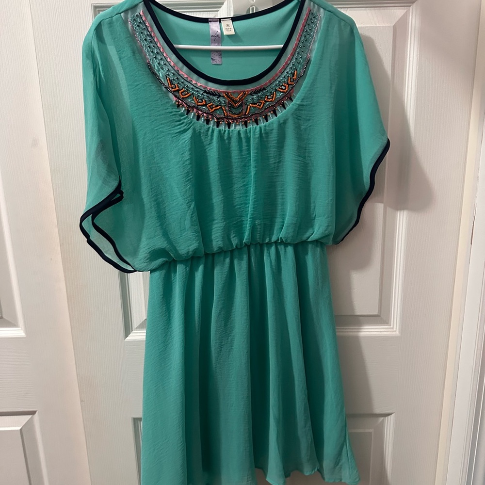 Teal Embroidered Sheer Dress